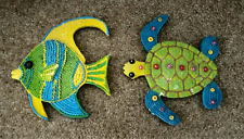2x Beaded Resin Wall Plaques, Tropical Fish & Turtle, Bathroom Beach Hut Decor