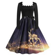 UK Women Christmas PRINTED Dress Vintage Party Swing XMAS Fancy Dresses Costumes