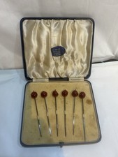 Antique Art Deco Sterling Silver Cherry Top Cocktail Sticks Set of 6