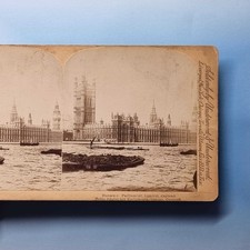 London Stereoview C1897 UK Real Photo Thames Frieght Barges House of Parliament