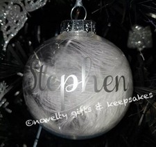 Personalised Christmas Bauble Hanging  Memorial White Feather Rose Gold Snow 8cm