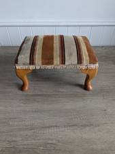 Vintage Footstool Striped Velvet Fabric With Fringe Curved Wood Legs - Home Deco