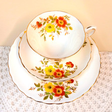 Vintage 1950s TUSCAN Fine Bone China Tea Trio Set Bright WILD ROSES Design RARE 