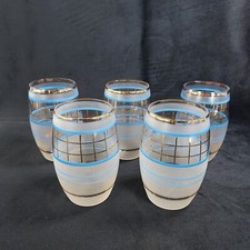 Vintage Barrel Shaped Tumblers Drinking Glasses Blue & Gold Bands Set of 5 250ml