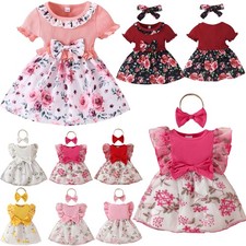 Infant Toddler Baby Girls Dress Headwear Ruffled Trim Ribbed Bodice Flower Print