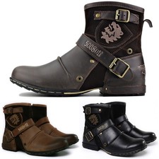 New Mens Comfortable Motorcycle Cowboy Boots Men Work Round Toe Strap Biker Boot