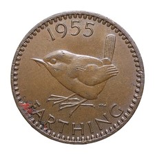 1955 British Farthing – Queen Elizabeth II – Bronze – Classic Wren Design Z3364