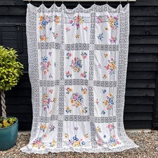 Exquisite Vintage Hand Embroidered & Crochet Bedspread 197 x 255cm colourful