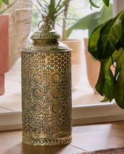 Large Patterned Cutout Latticework Gold Brass Lantern Beautiful Green Patina
