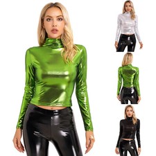 Women Shiny Dance Tops Holographic Metallic Shirt Sparkle Party Disco Tee Blouse