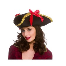 Adult Ladies Black Tricorn Pirate Hat with Gold Trim & Red Ribbon Fancy Dress