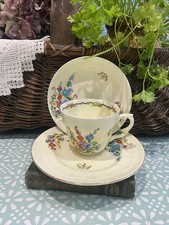 Crown Staffordshire Hollyhocks - Cup, Saucer & Plate Trio With Cobwebs 1930's