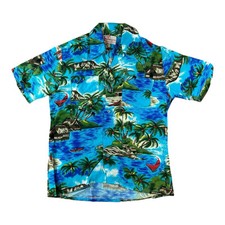 1970s Hawaiian shirt blue rayon palm trees tiki beach rockabilly Mens Small