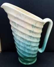 A VINTAGE ART DECO INSPIRED BESWICK 162 POTTERY BLUE GREEN RIBBED JUG PITCHER