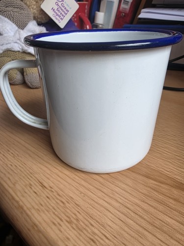 Vintage white enamel mug blue - white,