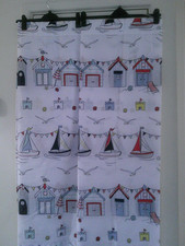 NAUTICAL WHITE CURTAINS  BOATS BEACH HUTS SEAGULLS  64"  w ide X 46" long