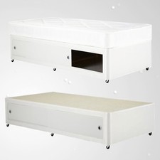 KIDS SHORTY WHITE LEATHER SLIDE STORAGE 2FT6 3FT DIVAN BED + MATTRESS+ HEADBOARD