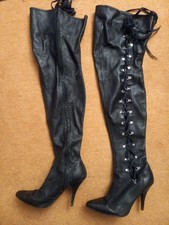 Thigh Length Lace-up  Stiletto Heeled  Black  Leather Boots