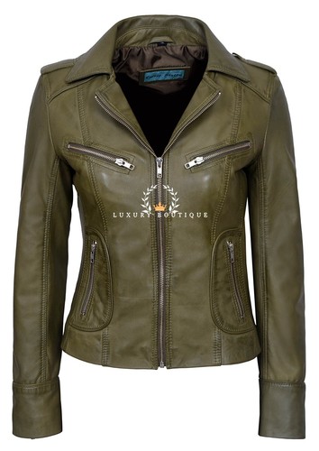 Ladies leather jacket olive - leather,