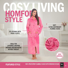 Ladies Fleece Dressing Gown Robe Zip Up Embossed Soft Warm Traditional Nightwear