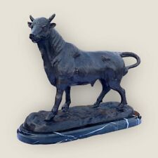Vintage Farm Animal Bronze Horned Bull Statue With Black Marble Base After Barye