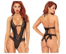 Lace Deep V Panty Teddy Sexy Lingerie Tie Back Body Erotic Thong Black 81406