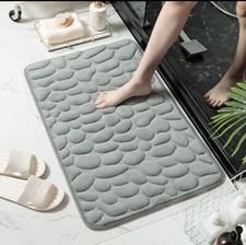 Grey Memory Foam Rug Cobblestone Embossed Bathroom Mat Rapid Water Absorbent