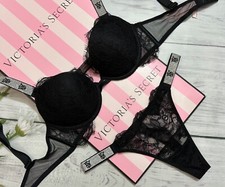 Victoria's Secret VS Shine Strap Push-Up Bra Thong Set Black Lace