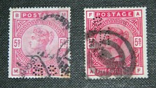GB 1883 5s SG180 Rose & SG181 Crimson Pair Perfins Used