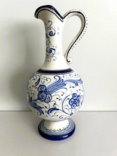 Vintage painted pottery blue & white ewer DERUTA Cucchi made Italy 9.5" tall.