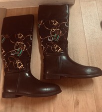 Ralph Lauren Leather/Rubber Wellington Boots Equestrian Print 10-10 1/2   ITALY