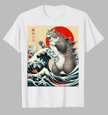 Japanese art whimsical funny Catzilla cat indie white retro casual men's t-shirt