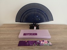 Oriental Hand Held Fan and Stand, Navy Blue with Hand Painted Flower Detail, NEW