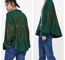 Zara Green Gold Embroidered Peacock Bird Jacquard Kimono Jacket Size Large