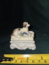 Victorian Staffordshire Trinket box with dog laying down next to bugle