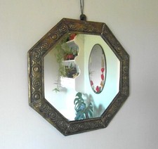 Vintage 1930s-50s Octagonal Stamped Sheet Brass on Laminate Backing Wall Mirror