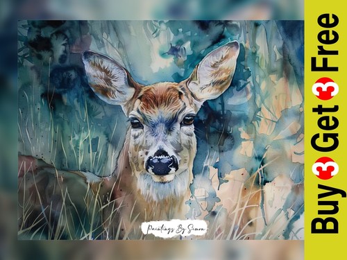 Watercolor deer painting print - painting,