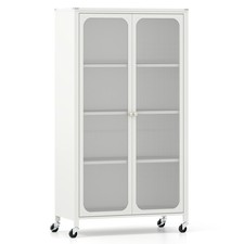 Rolling Bookcase Cabinet with Doors 58" Adjustable Shelves Lockable Wheels White