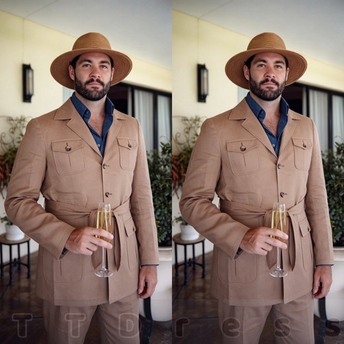 Men khaki safari style linen - khaki,