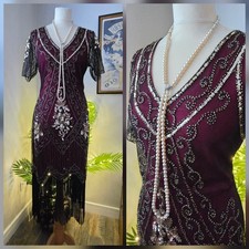 Flapper 1920s Gatsby Downton Abbey  Sequin Beaded Fringed Party Dress Size 14