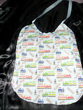 ABDL SISSY BIB  BLUE MULTI TRAIN  SATIN TIES PLASTIC BACKED
