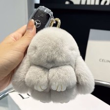 Fluffy Light Grey Rabbit Car Key Charm Bag Bunny Toy Charm Backpack Accessories 