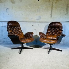 Pair of Vintage Gote Møbler  Tan Leather Swivel Armchairs, Sweden 1970s #A301