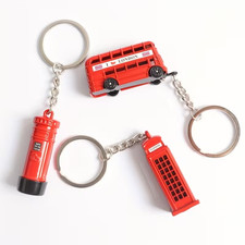 Set of 3 London Iconic Red Phone Booth and Double-Decker Bus Keychains, Vintage