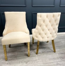 2 x Bianca Cream Velvet Italian Luxury Dining Chair Stud Button Gold Legs New