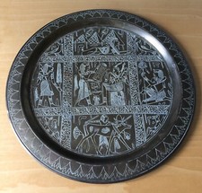 Vintage Decorative Egyptian Solid Heavy Brass Tray Pharaohs Pyramids Sphinx