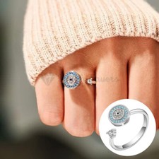 Silver Evil Eye Adjustable Fidget Spinner Anxiety Ring 18K White Gold Plated 1x