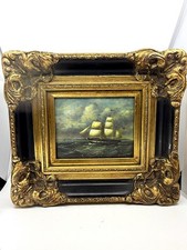 Maritime Oil Painting on Board – Sailing Ship Signed Fandens, Gilt Frame