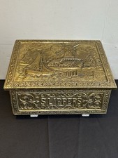 Vintage Embossed Brass and Wood Slippers Box Boat Maritime Style Design Home