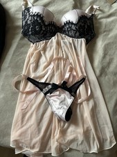 Ann Summers Pale Pink & Black Babydoll Size S D-E Cup Matching Ribbon Thong